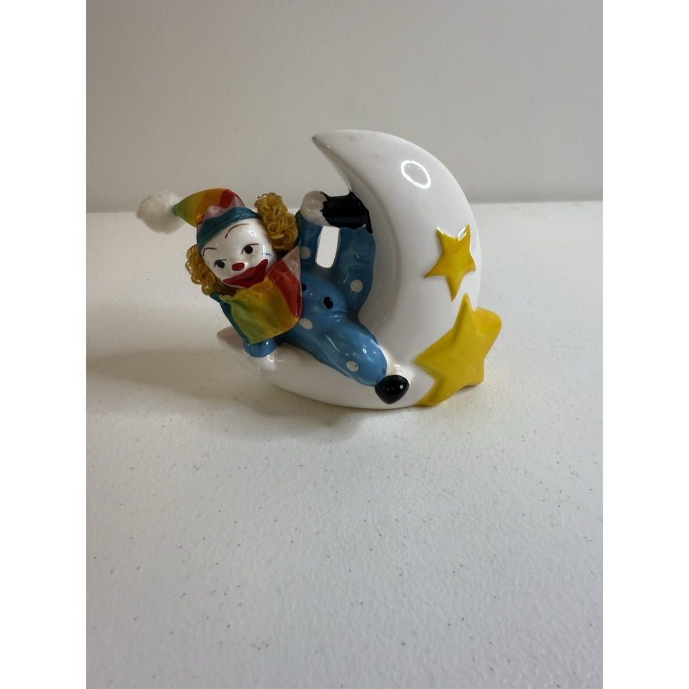 VTG Piggy Bank CLOWN Ceramic Clown‎ on Crescent Moon Circus Taiwan 80's Rainbow